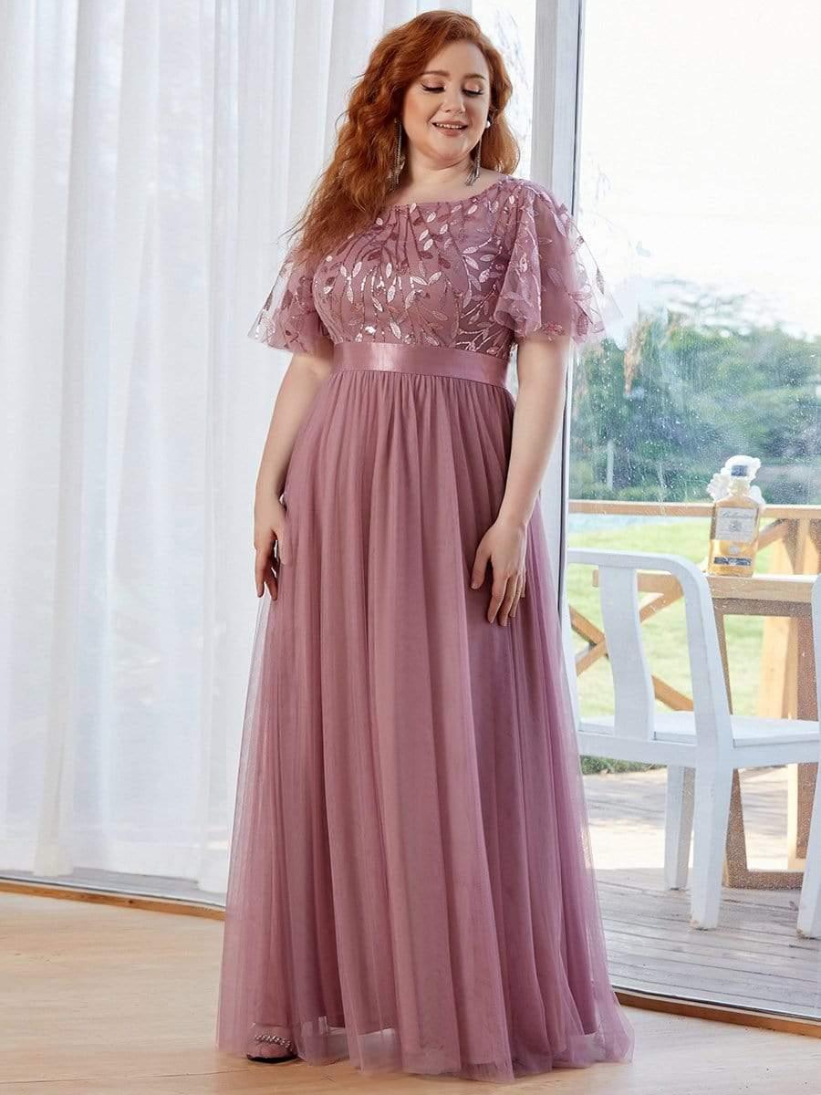 ever SAPHIR|Women's A-Line Sequin Leaf Maxi Prom Dress with Sleeves