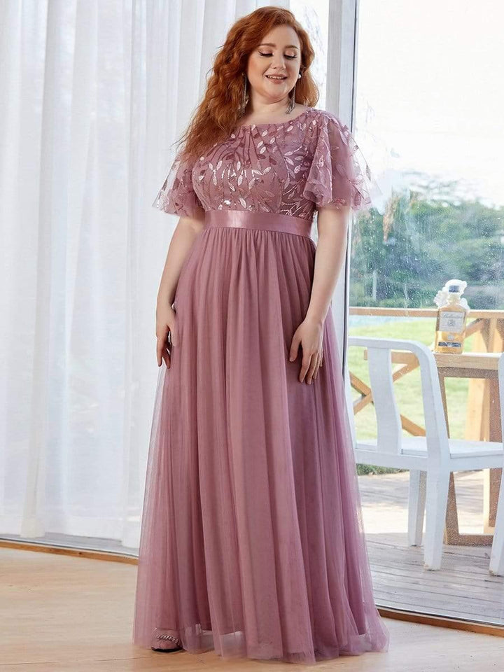ever SAPHIR|Women's A-Line Sequin Leaf Maxi Prom Dress with Sleeves