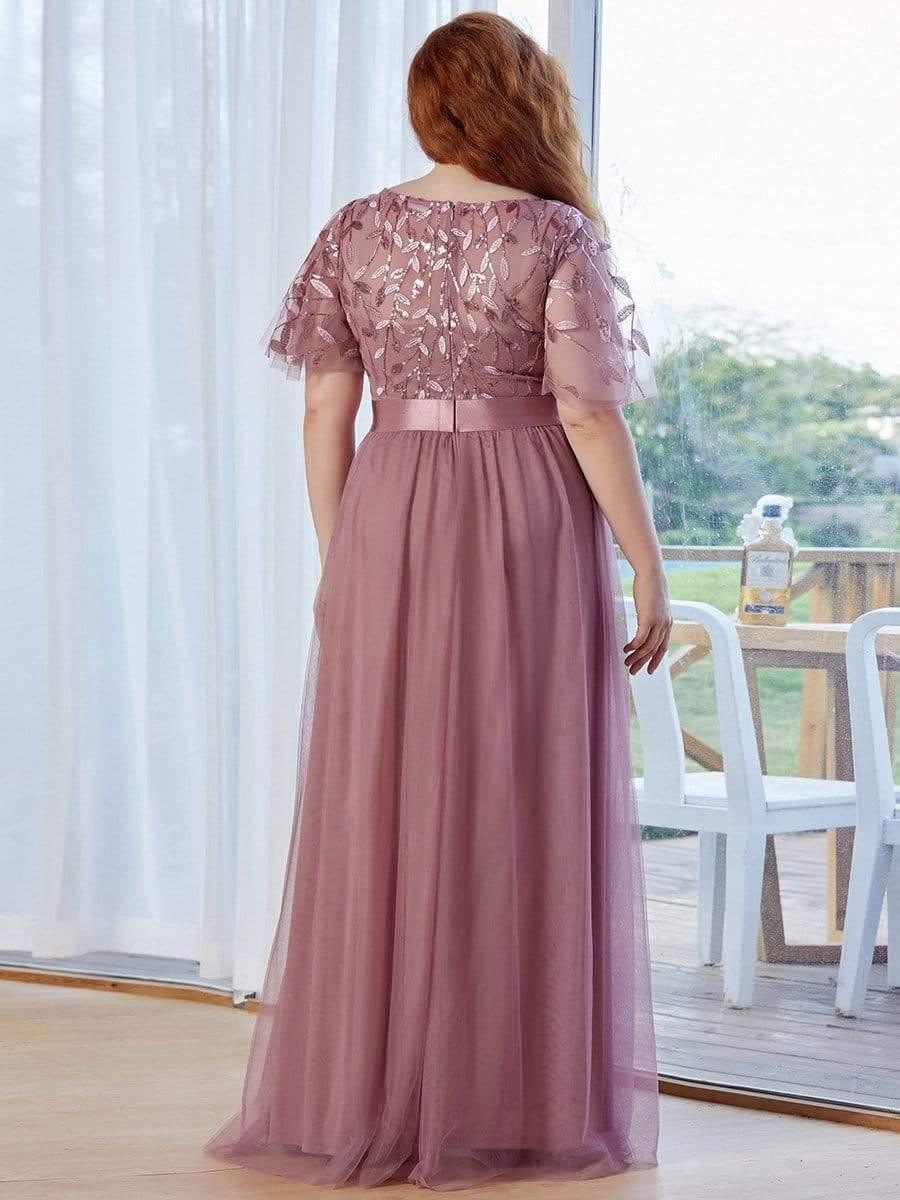 ever SAPHIR|Women's A-Line Sequin Leaf Maxi Prom Dress with Sleeves