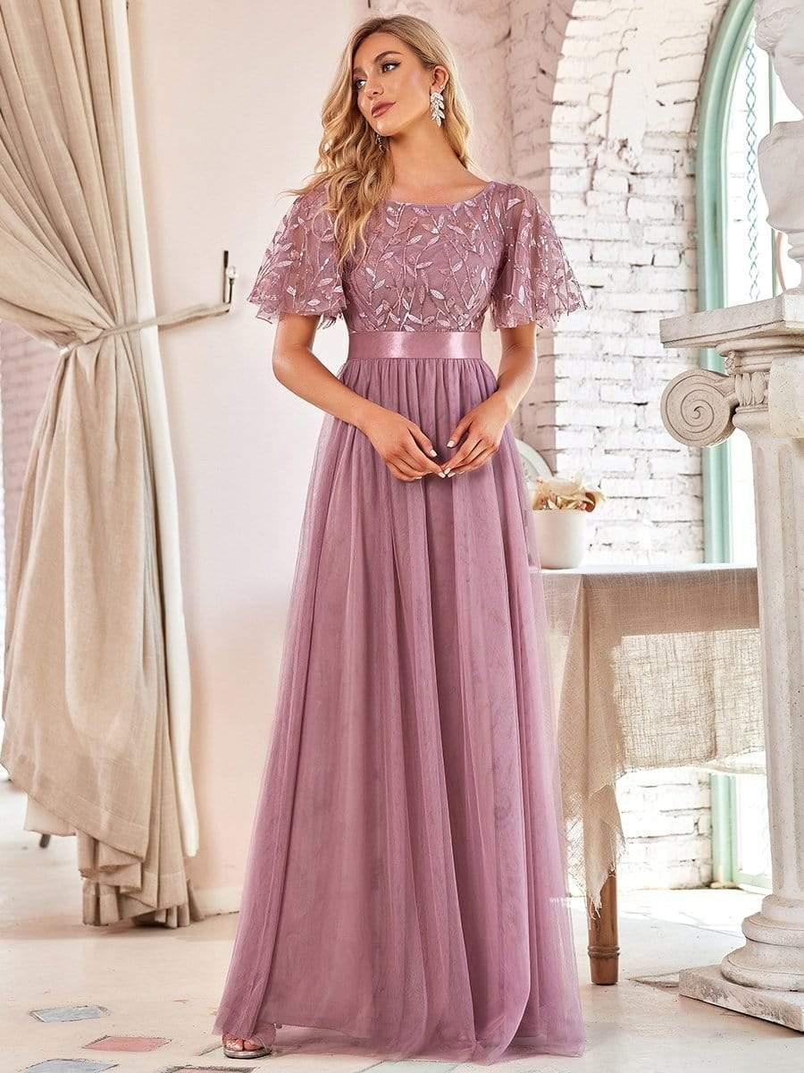 ever SAPHIR|Women's A-Line Sequin Leaf Maxi Prom Dress with Sleeves