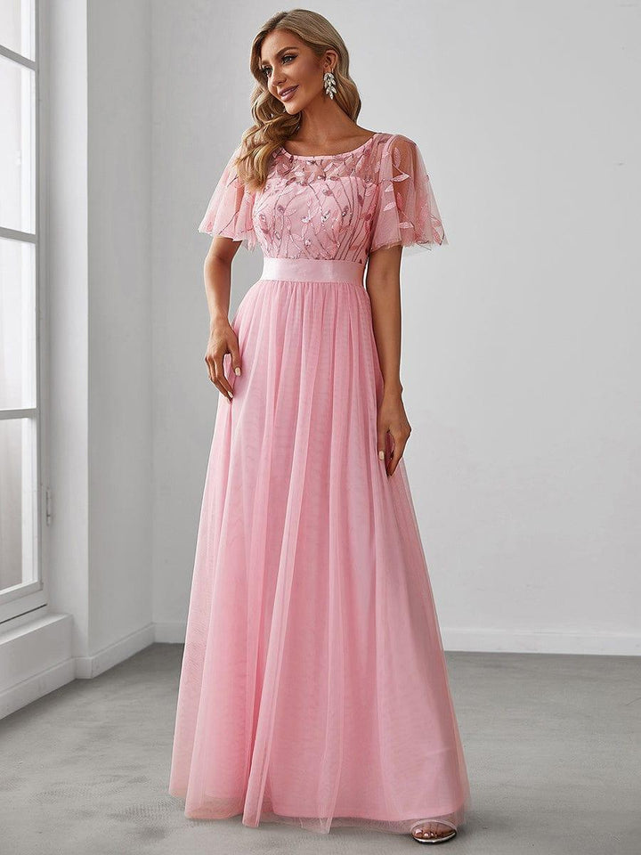 ever SAPHIR|Women's A-Line Sequin Leaf Maxi Prom Dress with Sleeves
