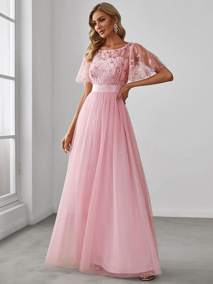 ever SAPHIR|Women's A-Line Short Sleeve Embroidery Floor Length Evening Dresses