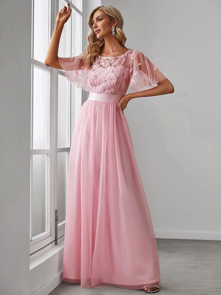 ever SAPHIR|Women's A-Line Short Sleeve Embroidery Floor Length Evening Dresses