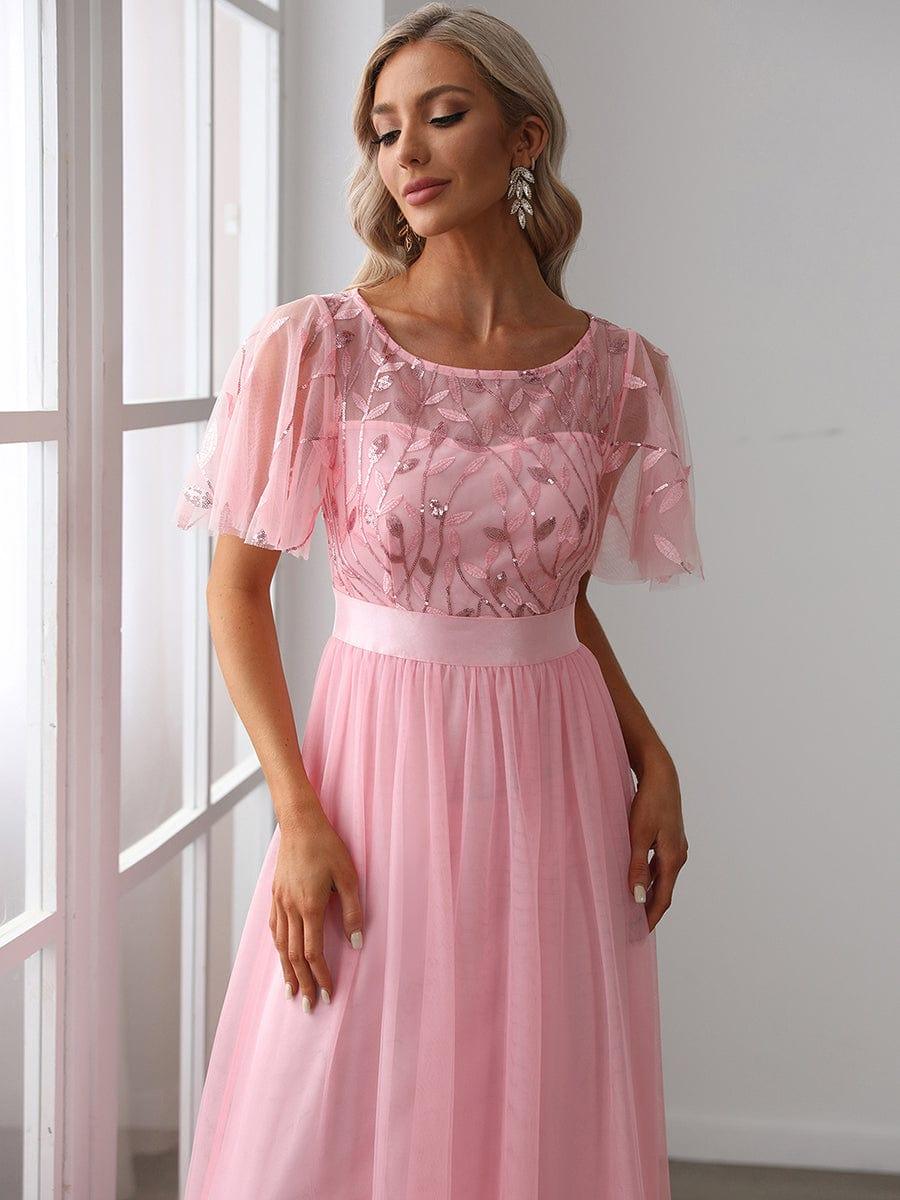 ever SAPHIR|Women's A-Line Sequin Leaf Maxi Prom Dress with Sleeves