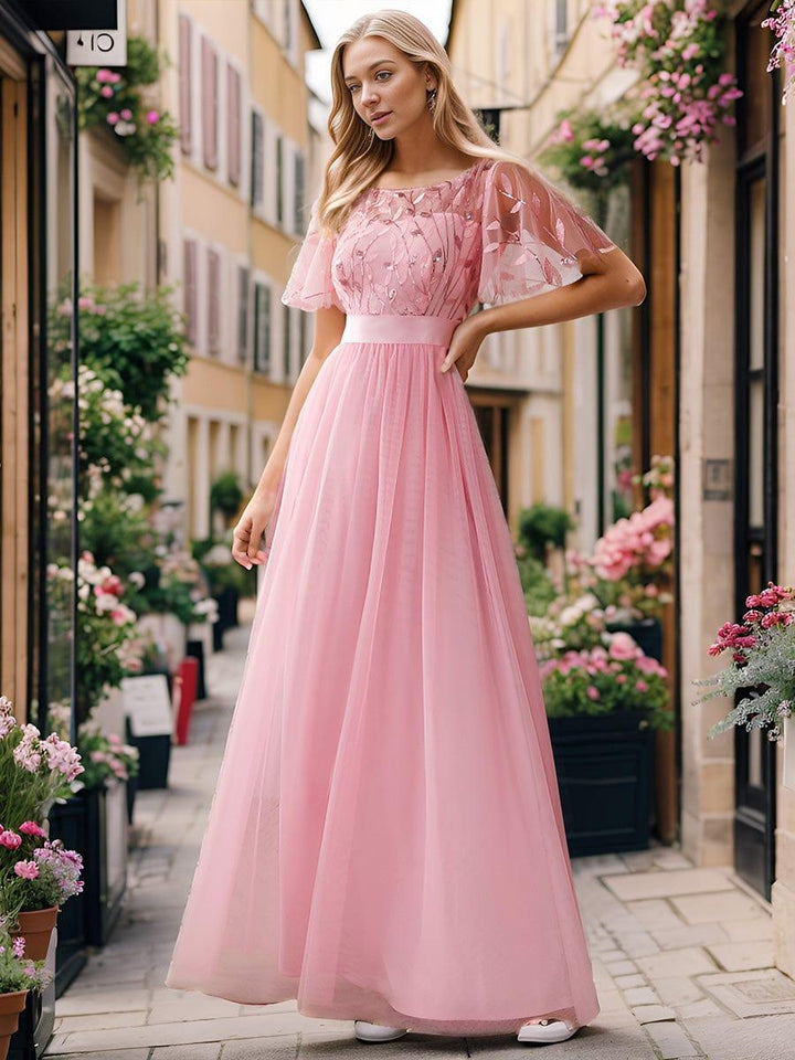 ever SAPHIR|Women's A-Line Short Sleeve Embroidery Floor Length Evening Dresses