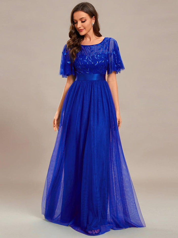 ever SAPHIR|Women's A-Line Sequin Leaf Maxi Prom Dress with Sleeves