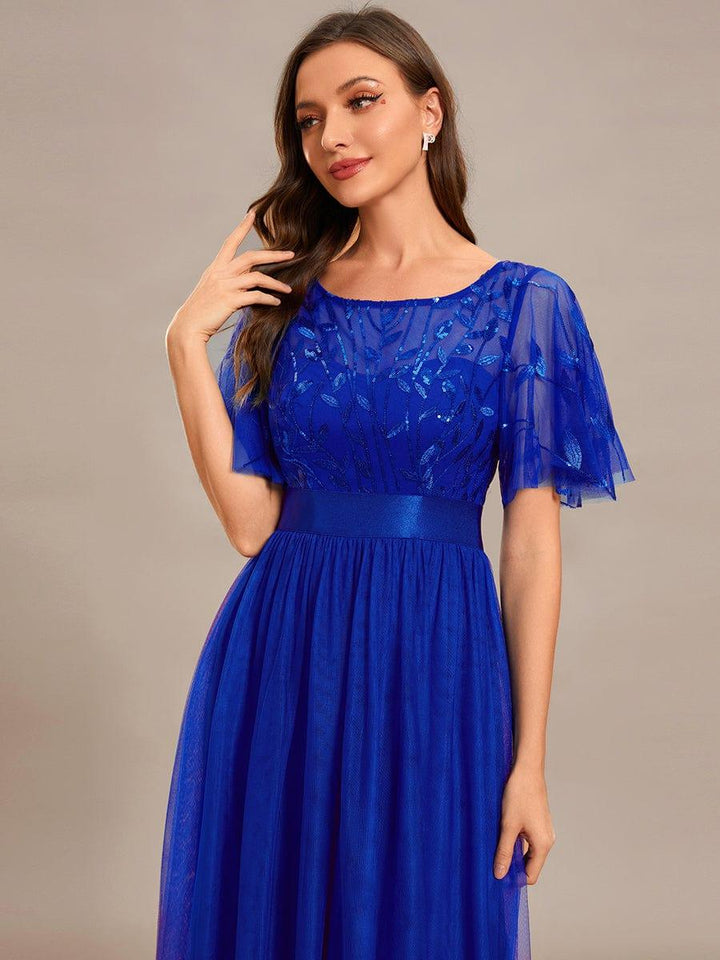 ever SAPHIR|Women's A-Line Sequin Leaf Maxi Prom Dress with Sleeves
