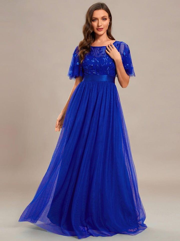 ever SAPHIR|Women's A-Line Sequin Leaf Maxi Prom Dress with Sleeves