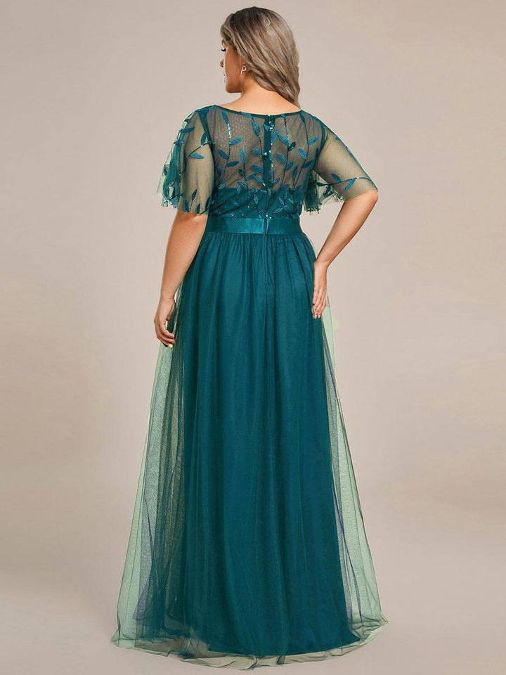 ever SAPHIR|Women's A-Line Sequin Leaf Maxi Prom Dress with Sleeves