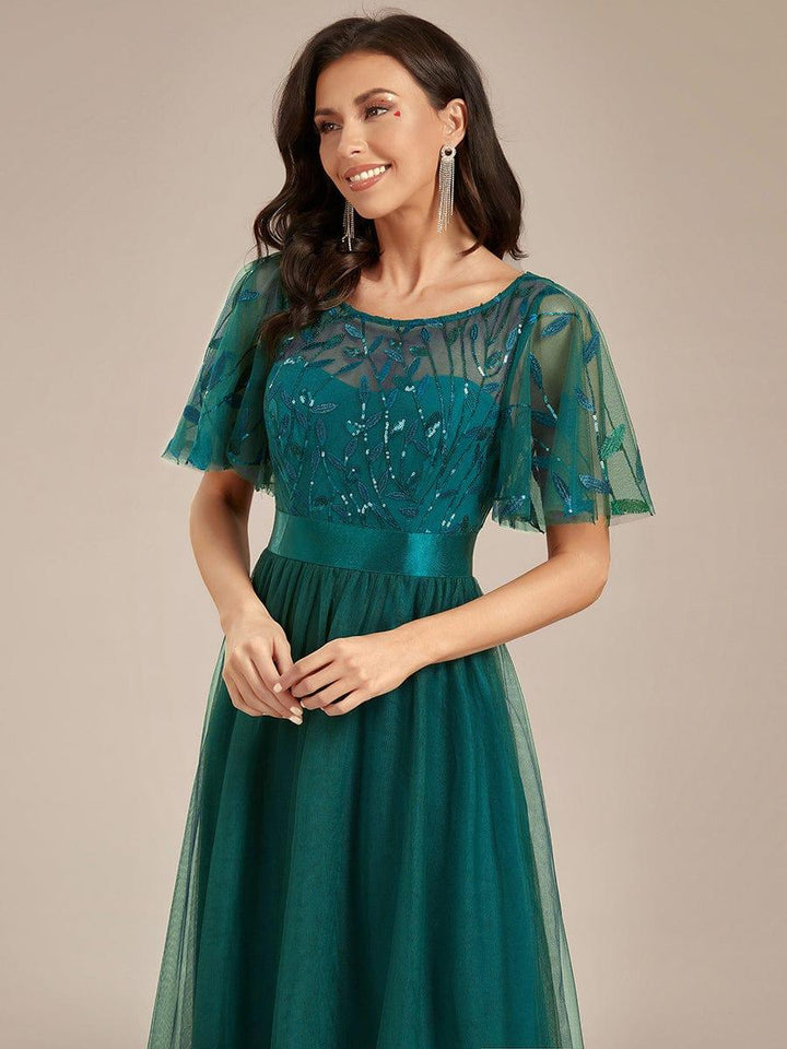 ever SAPHIR|Women's A-Line Sequin Leaf Maxi Prom Dress with Sleeves