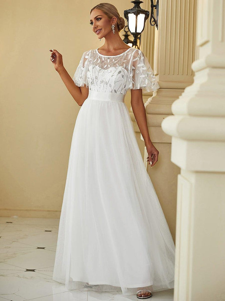 ever SAPHIR|Women's A-Line Short Sleeve Embroidery Floor Length Evening Dresses