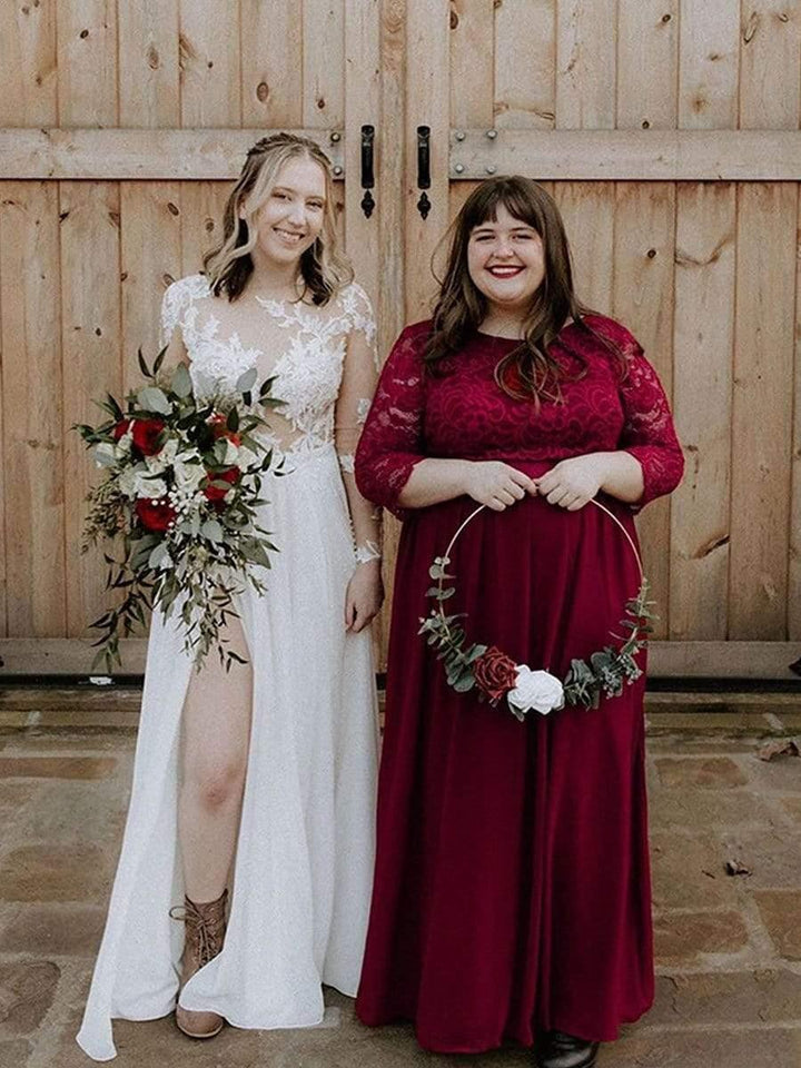 pretty FAUN|Simple Plus Size Lace Evening Dress with Half Sleeves