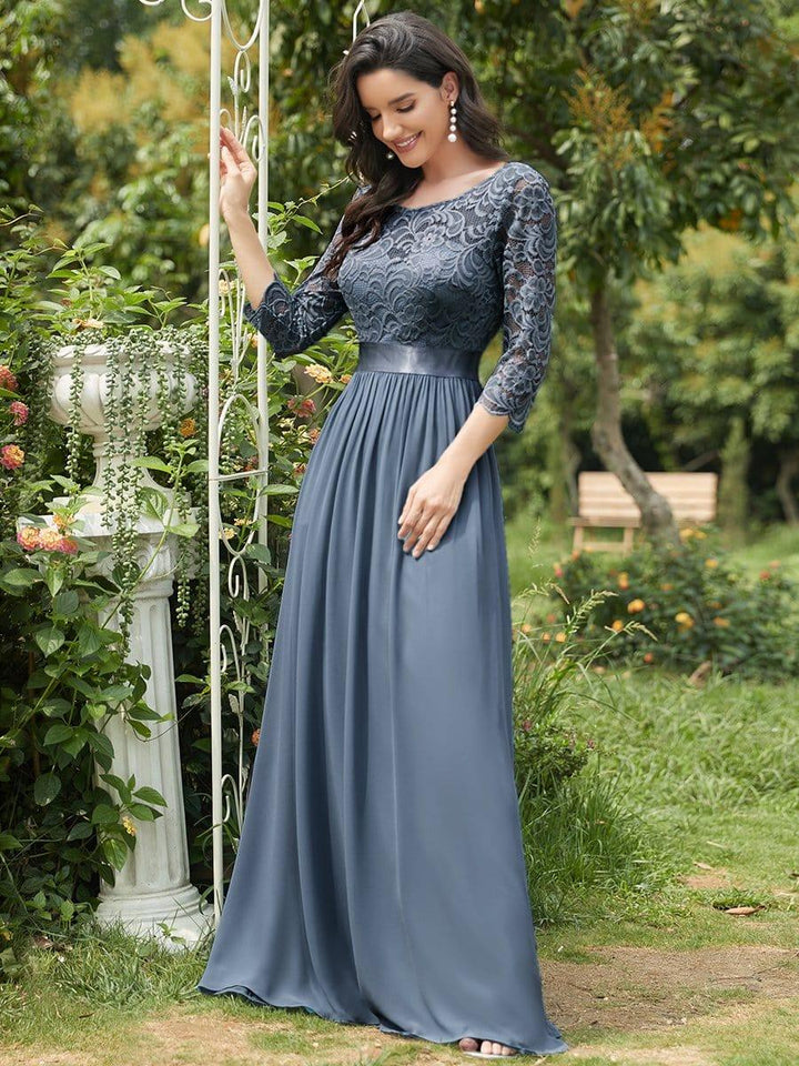 ever FAUN|Lace Chiffon Maxi Evening Dress with Half Sleeve