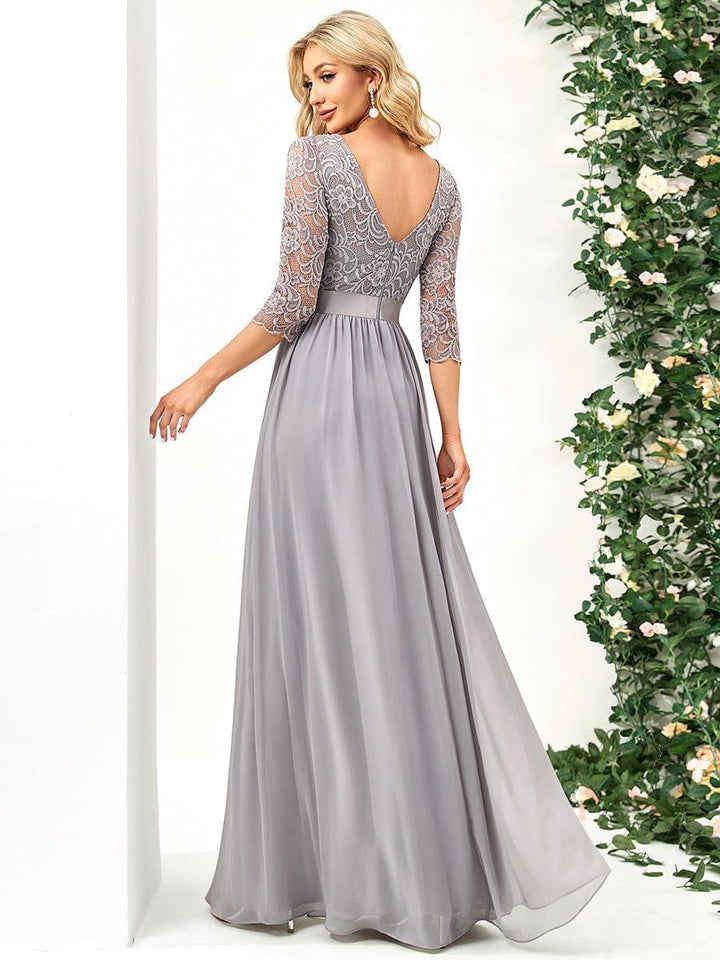 ever FAUN|Lace Chiffon Maxi Evening Dress with Half Sleeve