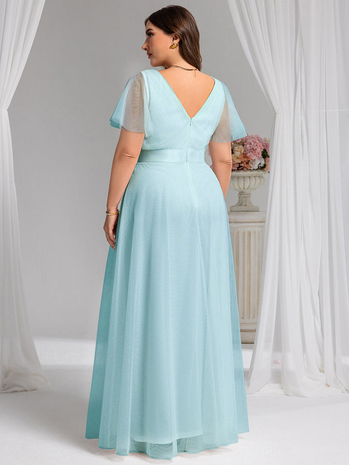 pretty MISTE|Women's Floor-Length Plus Size Formal Bridesmaid Dress with Short Sleeve