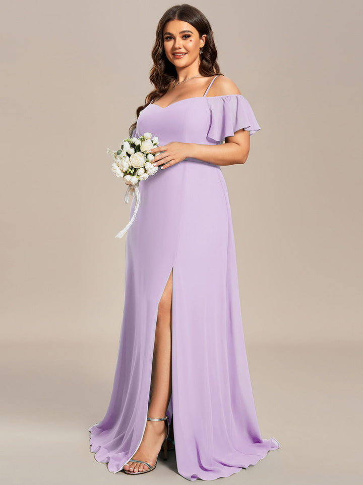 ever REYA|Off Shoulder High Slit Chiffon Flowy Bridesmaid Dress