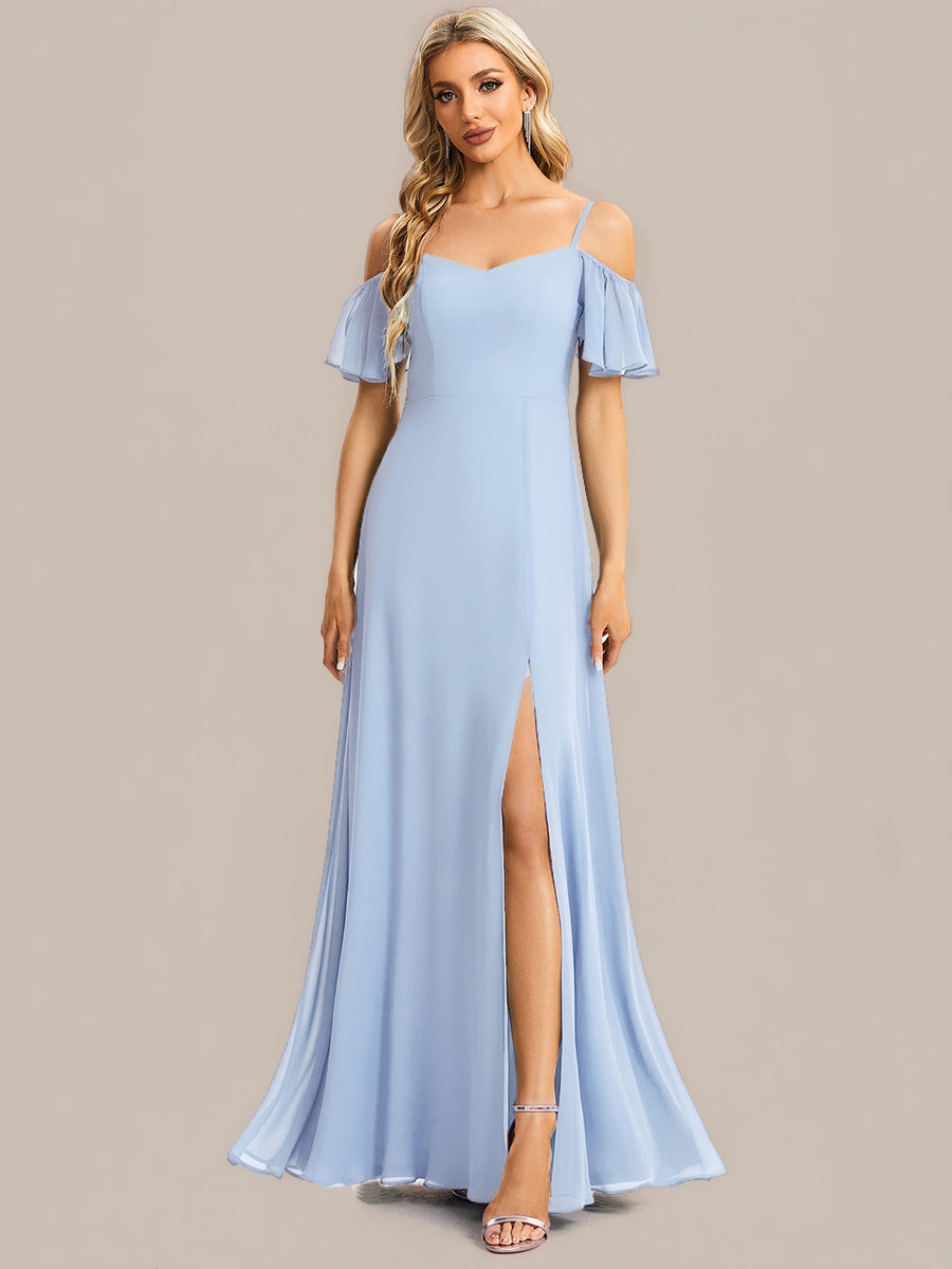 ever REYA|Off Shoulder High Slit Chiffon Flowy Bridesmaid Dress
