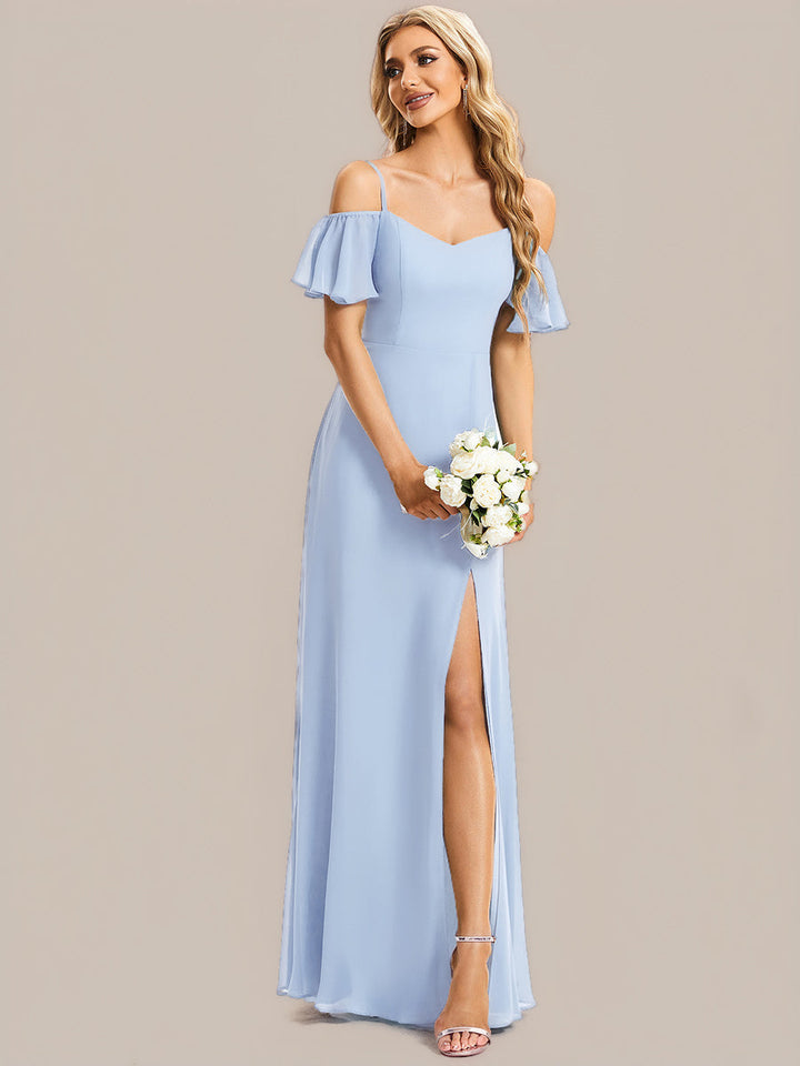 ever REYA|Off Shoulder High Slit Chiffon Flowy Bridesmaid Dress