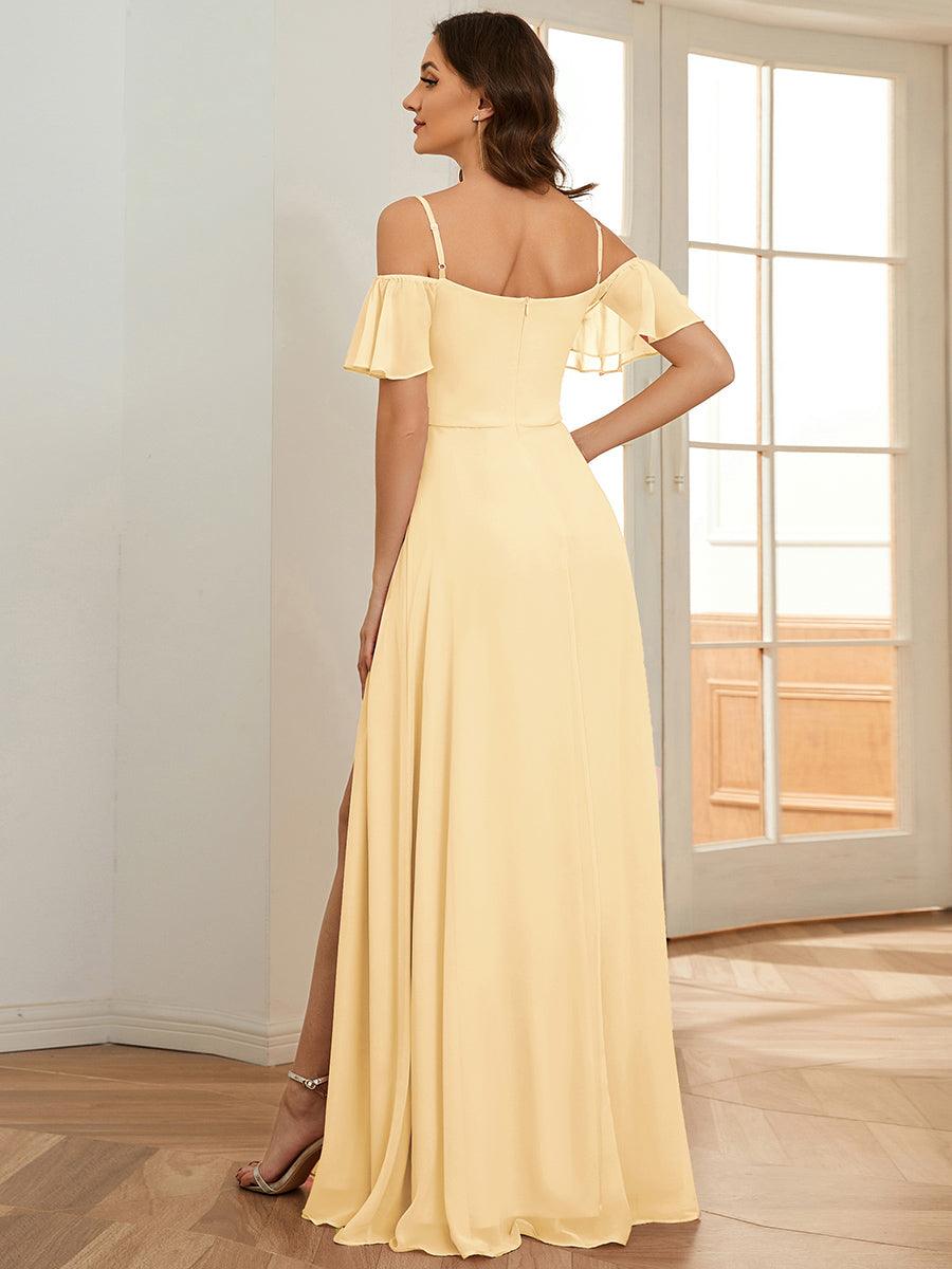 ever REYA|Off Shoulder High Slit Chiffon Flowy Bridesmaid Dress