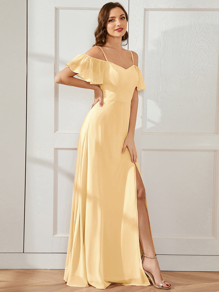 ever REYA|Off Shoulder High Slit Chiffon Flowy Bridesmaid Dress