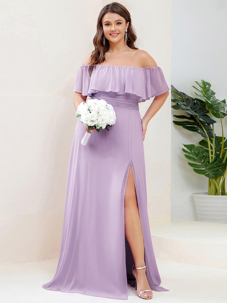 ever ÉMILE|Plus Size Off the Shoulder Formal Bridesmaid Dress with Thigh Split