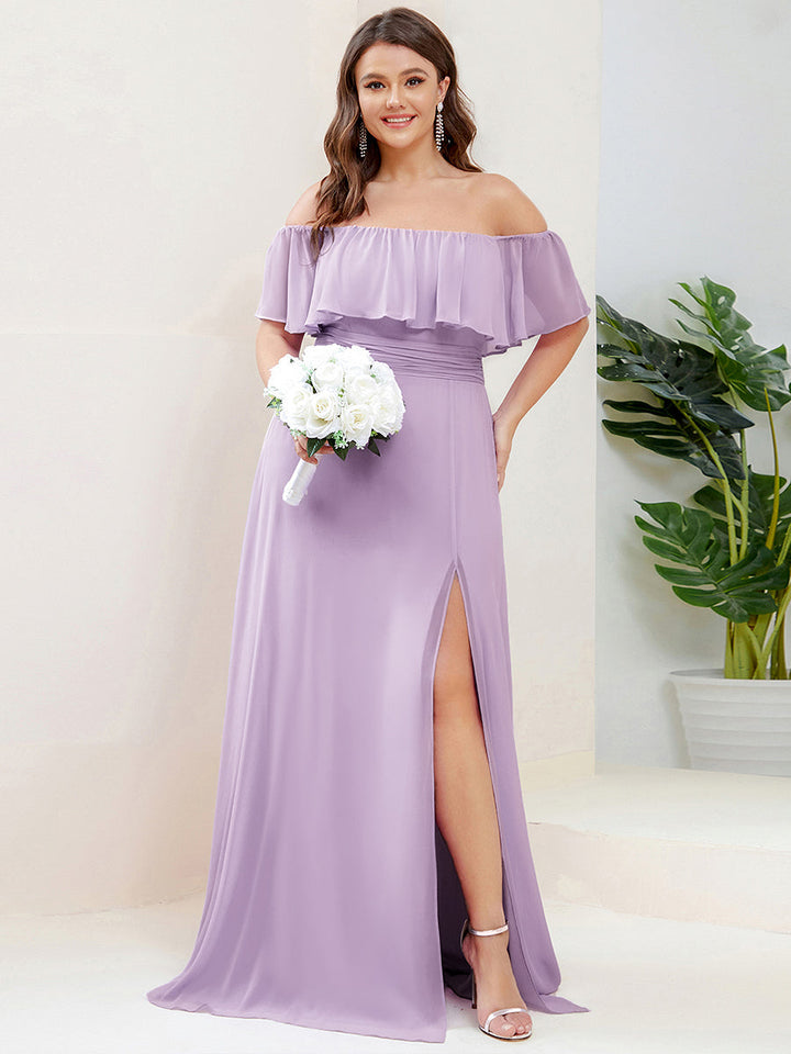 ever ÉMILE|Plus Size Off the Shoulder Formal Bridesmaid Dress with Thigh Split