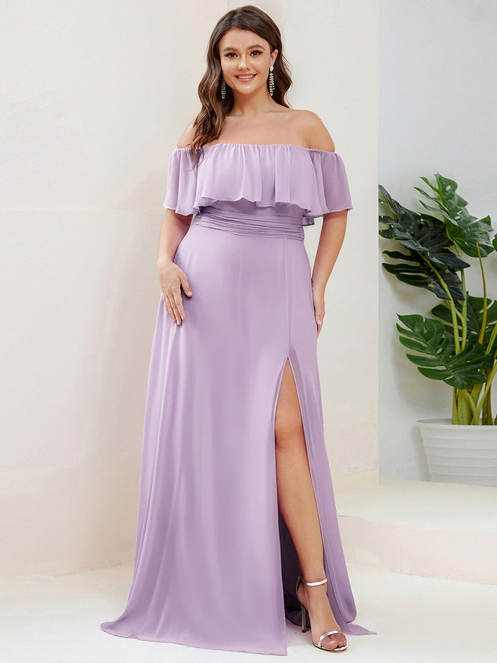 ever ÉMILE|Plus Size Off the Shoulder Formal Bridesmaid Dress with Thigh Split