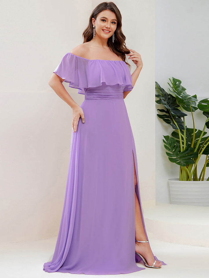 ever ÉMILE|Plus Size Off the Shoulder Formal Bridesmaid Dress with Thigh Split