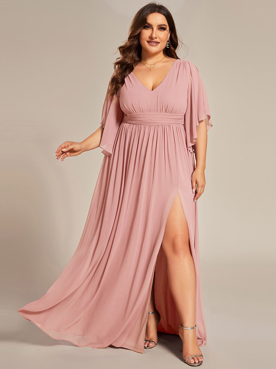 pretty ELYAN|Plus Size Half Sleeve Pleated A-Line V-Neck Chiffon Bridesmaid Dress