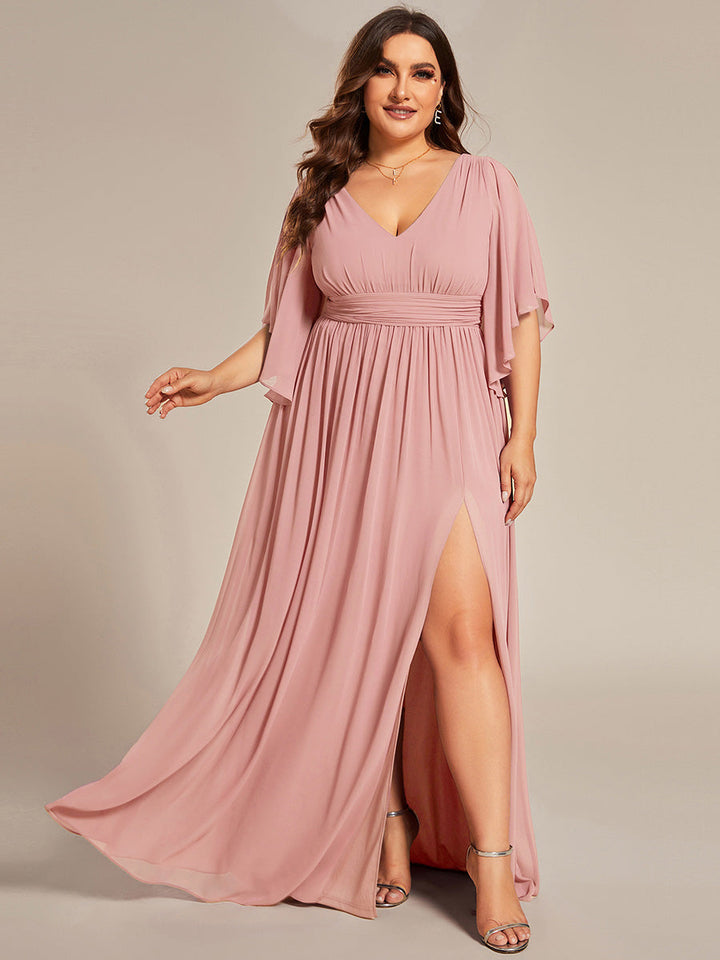 ever ELYAN|Half Sleeve V-Neck Pleated High Slit A-Line Chiffon Bridesmaid Dress