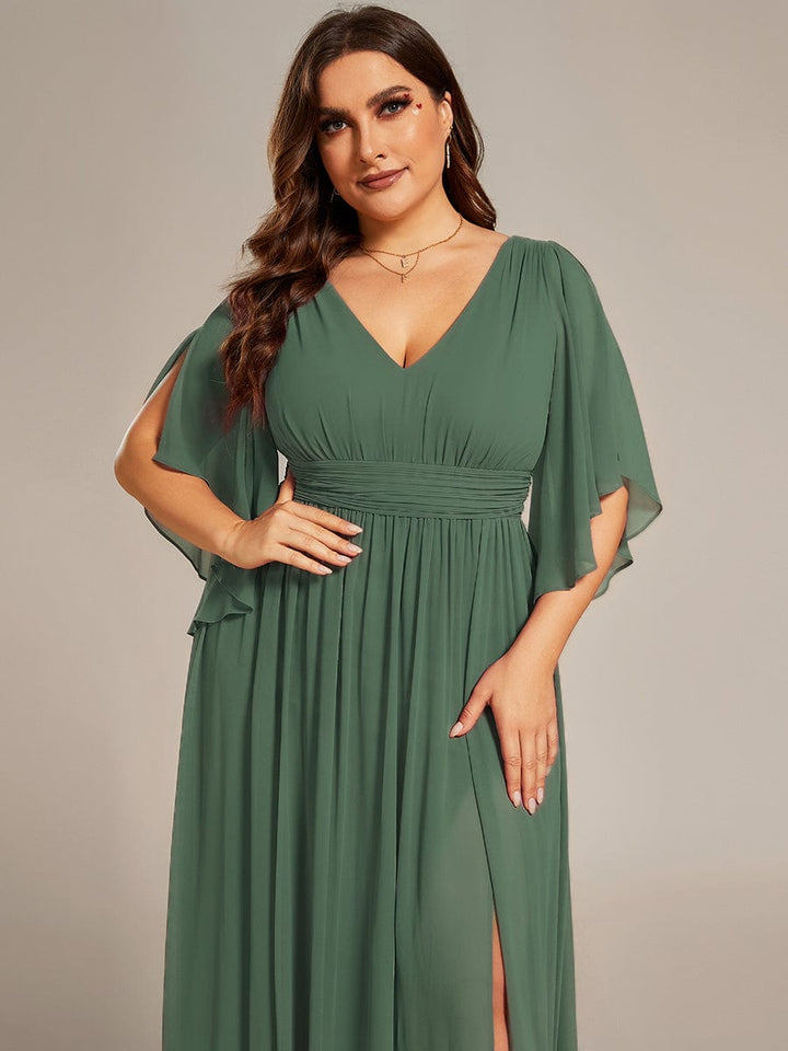pretty ELYAN|Plus Size Half Sleeve Pleated A-Line V-Neck Chiffon Bridesmaid Dress