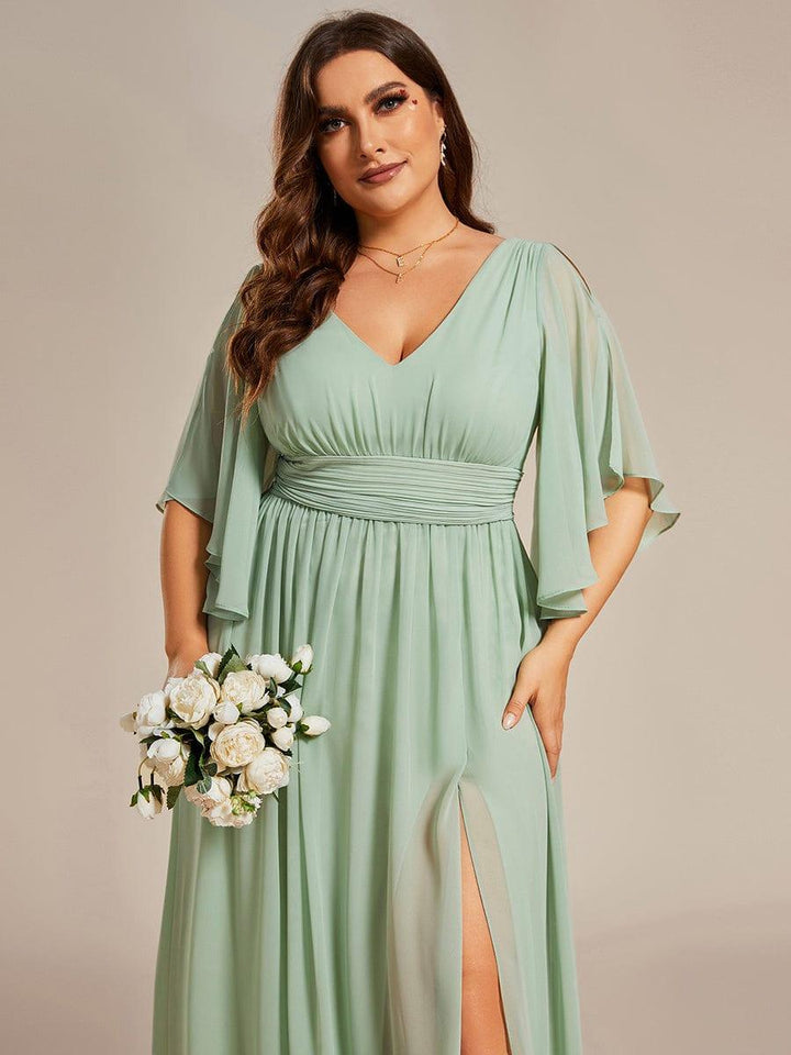 ever ELYAN|Half Sleeve V-Neck Pleated High Slit A-Line Chiffon Bridesmaid Dress