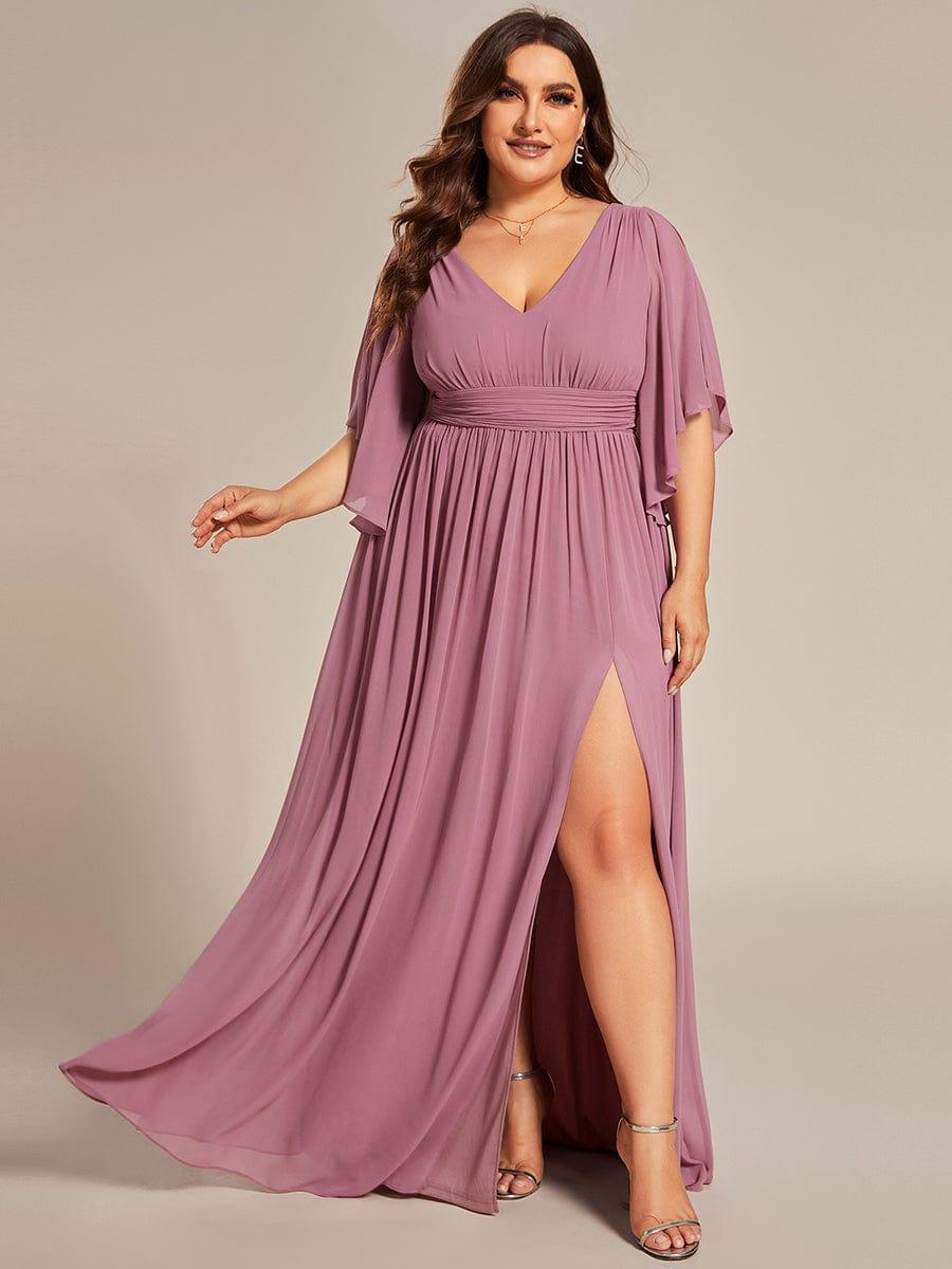 ever ELYAN|Half Sleeve V-Neck Pleated High Slit A-Line Chiffon Bridesmaid Dress