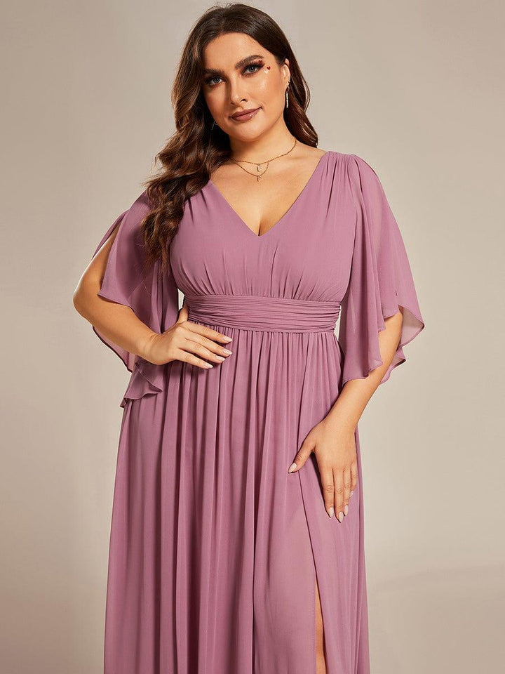 ever ELYAN|Half Sleeve V-Neck Pleated High Slit A-Line Chiffon Bridesmaid Dress