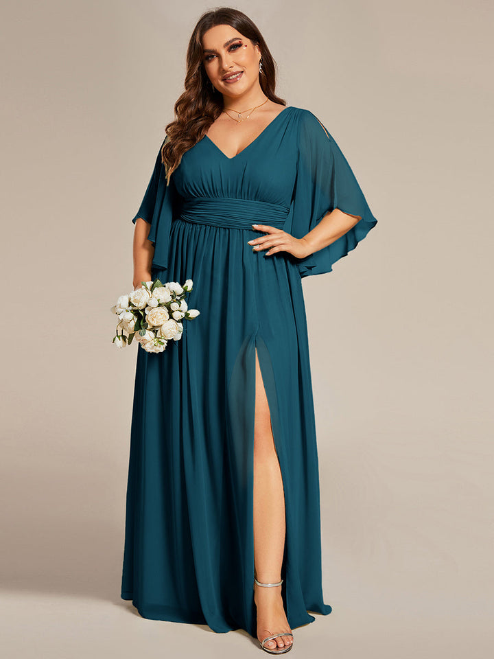 pretty ELYAN|Plus Size Half Sleeve Pleated A-Line V-Neck Chiffon Bridesmaid Dress
