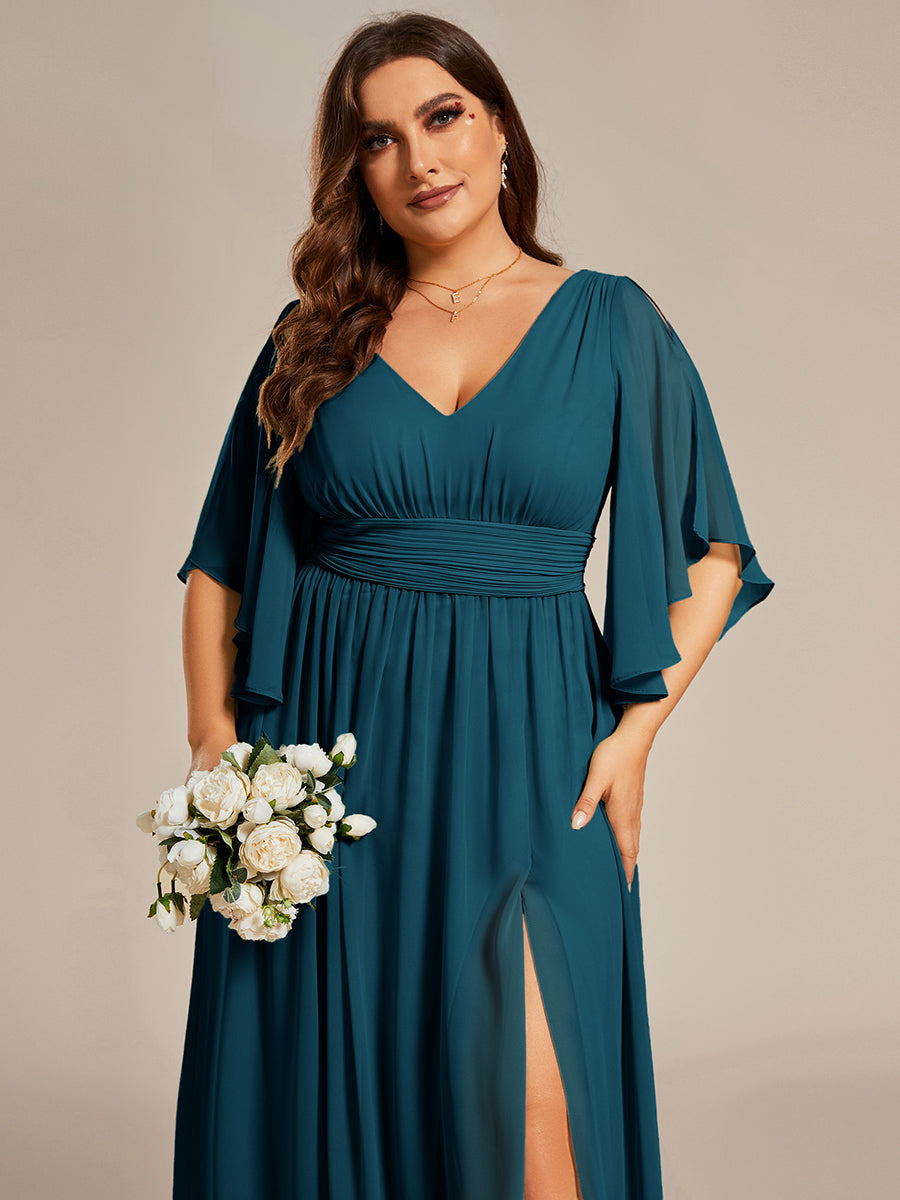 pretty ELYAN|Plus Size Half Sleeve Pleated A-Line V-Neck Chiffon Bridesmaid Dress