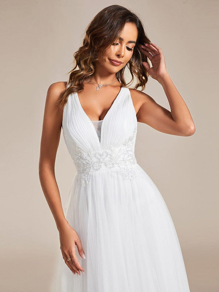 Sleeveless Waist Applique Cross-Back Straps Tulle Bridesmaid Dress