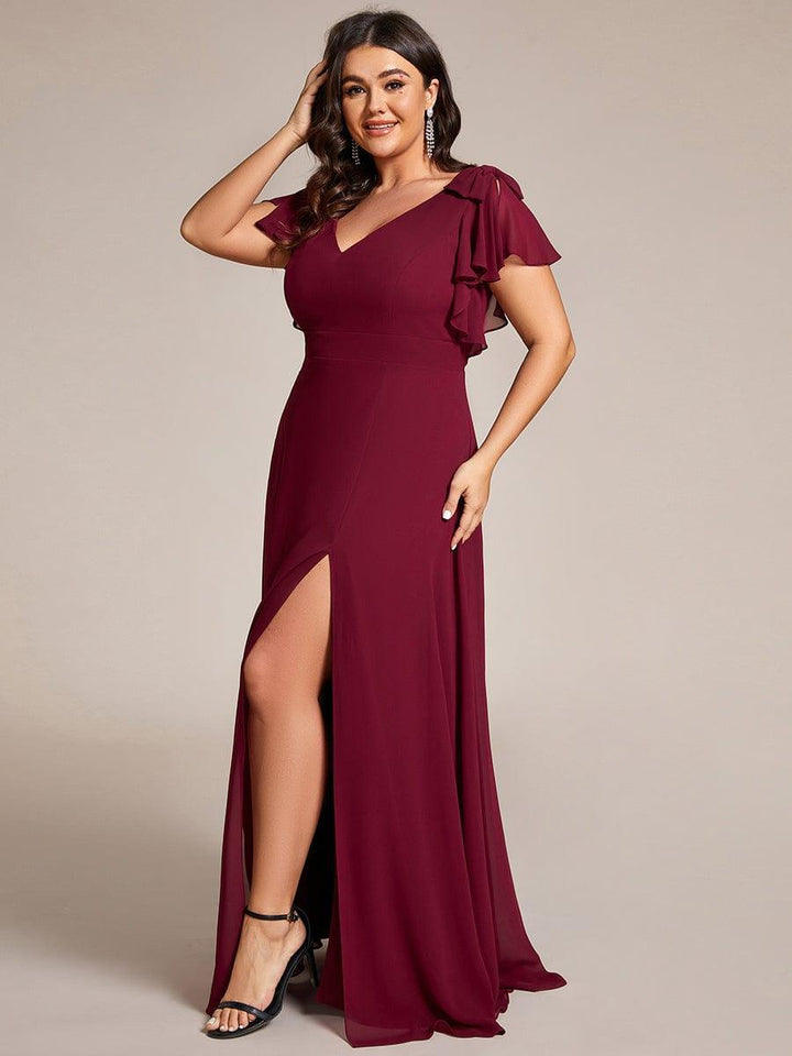 pretty ROSY|Plus Size Split Ruffles Sleeves with Bowknot Double V-neck Chiffon Bridesmaid Dress