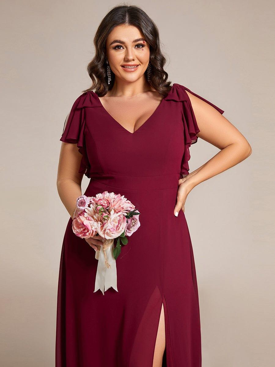 ever ROSY|Short Sleeves with Bowknot High Front Slit A-Line Chiffon Bridesmaid Dress