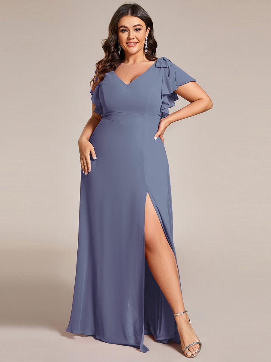 ever ROSY|Short Sleeves with Bowknot High Front Slit A-Line Chiffon Bridesmaid Dress