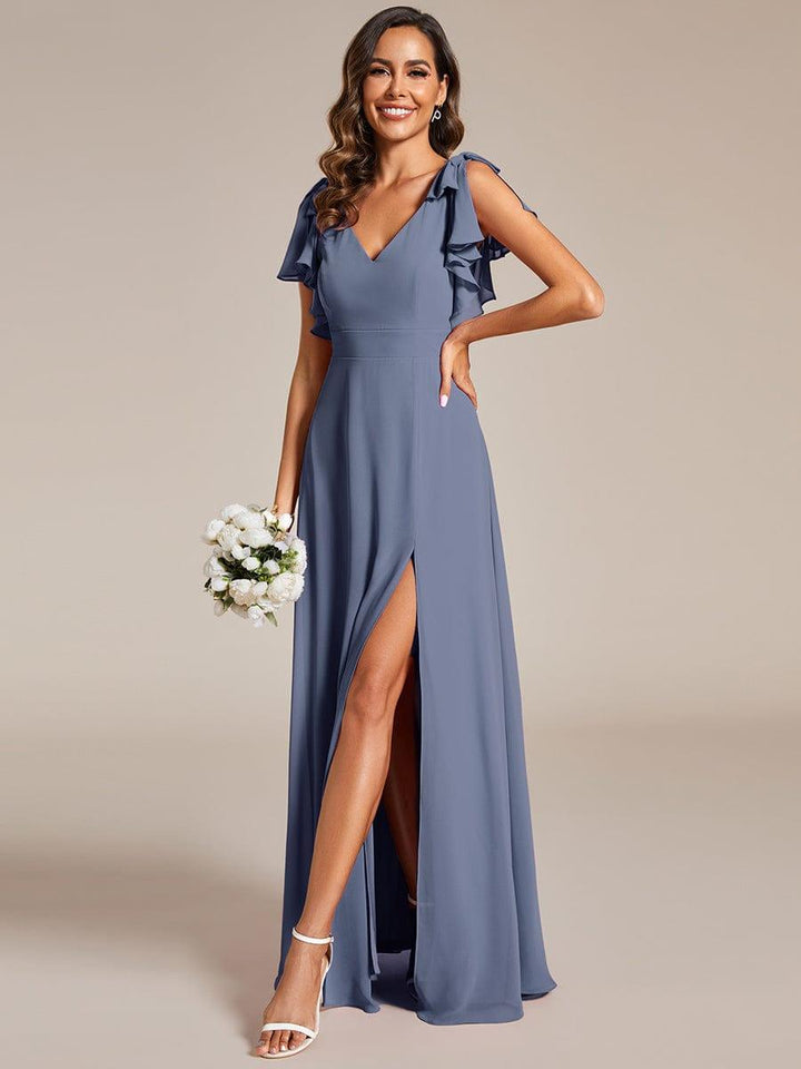 ever ROSY|Short Sleeves with Bowknot High Front Slit A-Line Chiffon Bridesmaid Dress