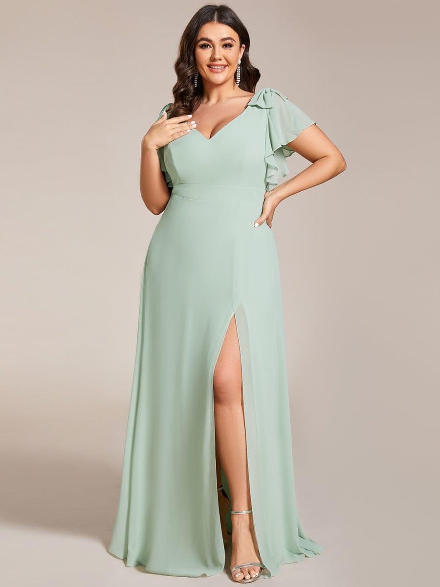 ever ROSY|Short Sleeves with Bowknot High Front Slit A-Line Chiffon Bridesmaid Dress