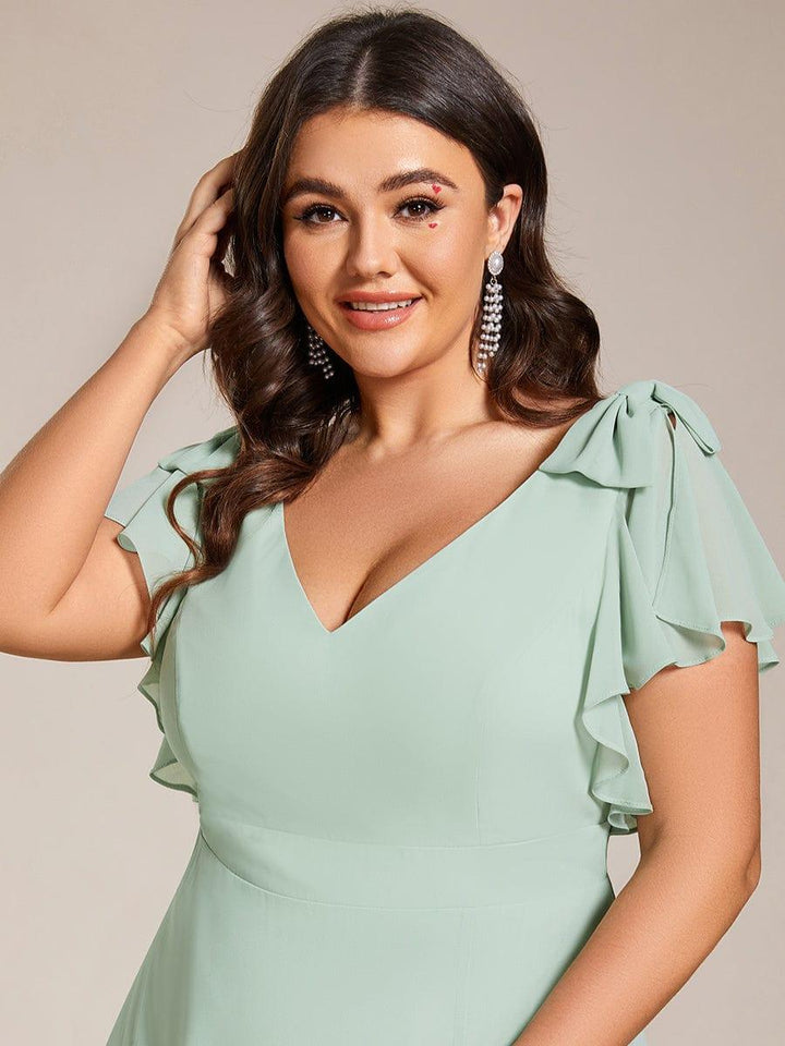 pretty ROSY|Plus Size Split Ruffles Sleeves with Bowknot Double V-neck Chiffon Bridesmaid Dress
