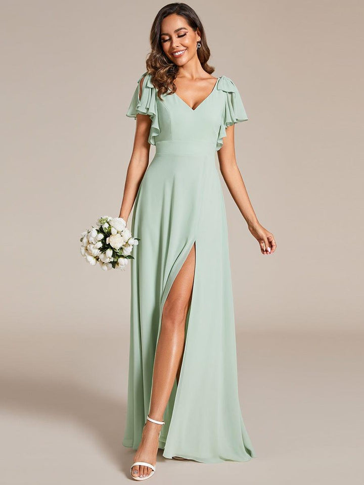 ever ROSY|Short Sleeves with Bowknot High Front Slit A-Line Chiffon Bridesmaid Dress