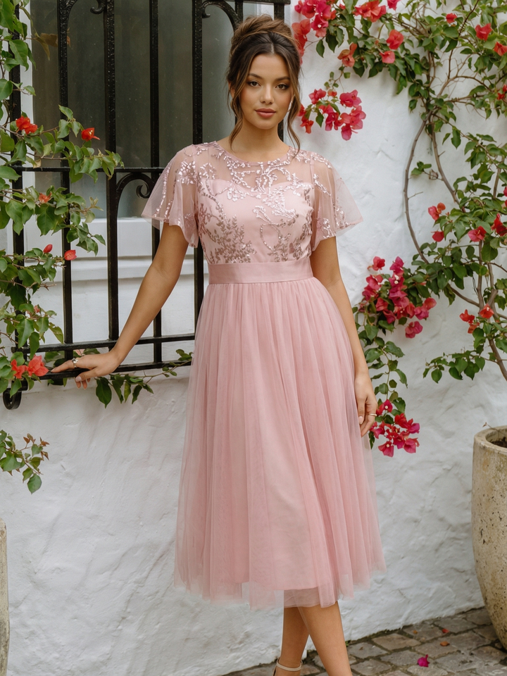 ever MARA|Embellished Tulle Midi Junior Bridesmaid Dress with Sheer Sleeves