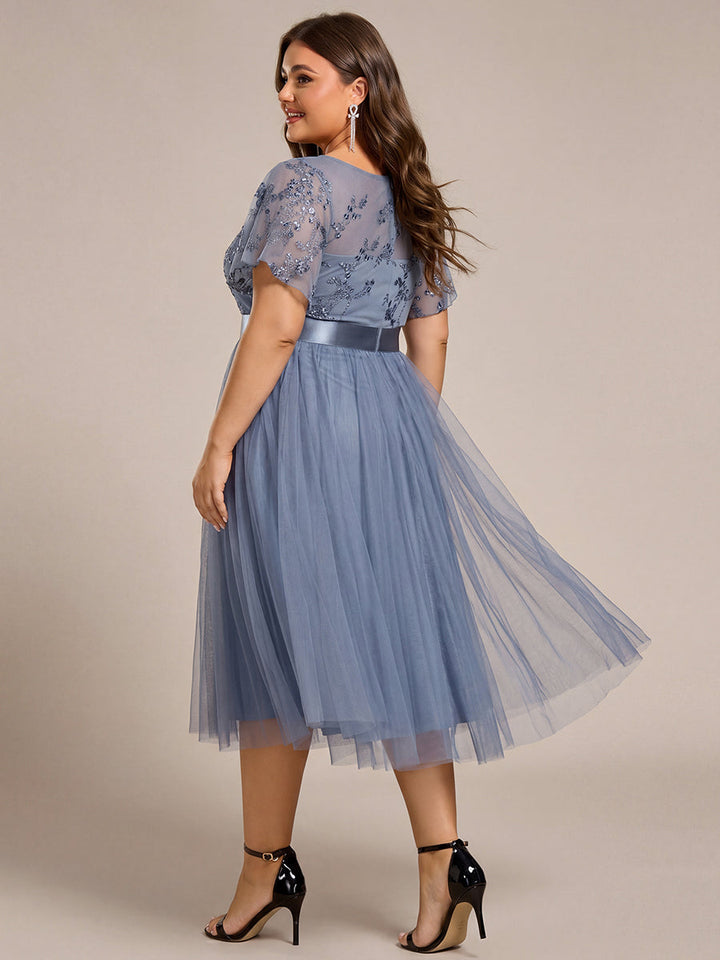 ever MARA|Embellished Tulle Midi Junior Bridesmaid Dress with Sheer Sleeves
