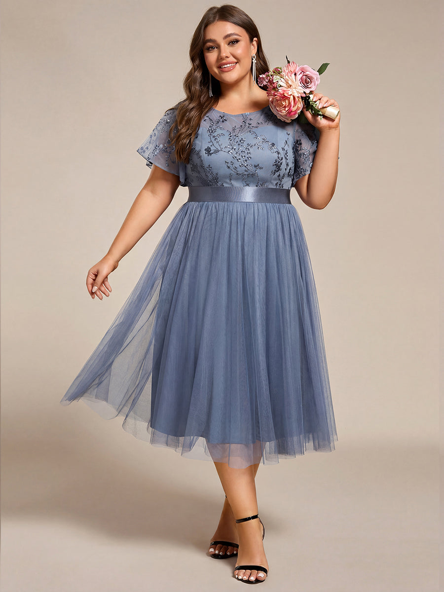 pretty MARA|Plus Size Round Neckline Embellished Tulle Midi Bridesmaid Dress