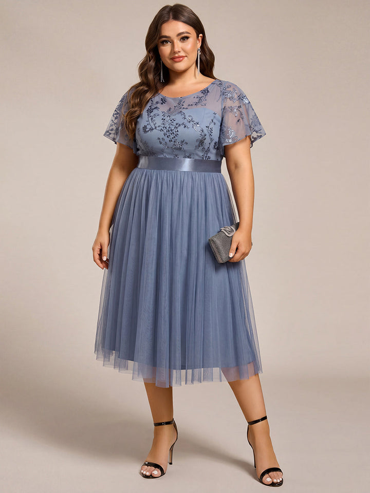 pretty MARA|Plus Size Round Neckline Embellished Tulle Midi Bridesmaid Dress