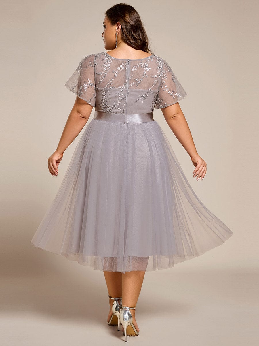 pretty MARA|Plus Size Round Neckline Embellished Tulle Midi Bridesmaid Dress