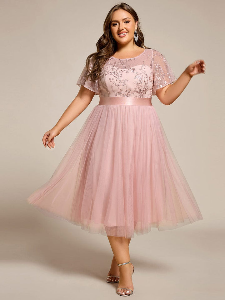 pretty MARA|Plus Size Round Neckline Embellished Tulle Midi Bridesmaid Dress